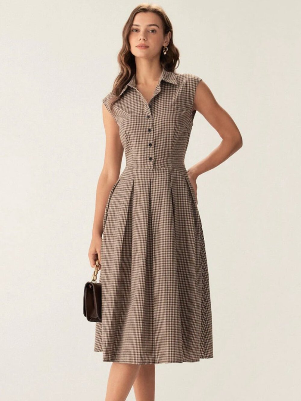 RIHOAS Brown Gingham Button Pleated Midi Dress Size M 100% Cotton